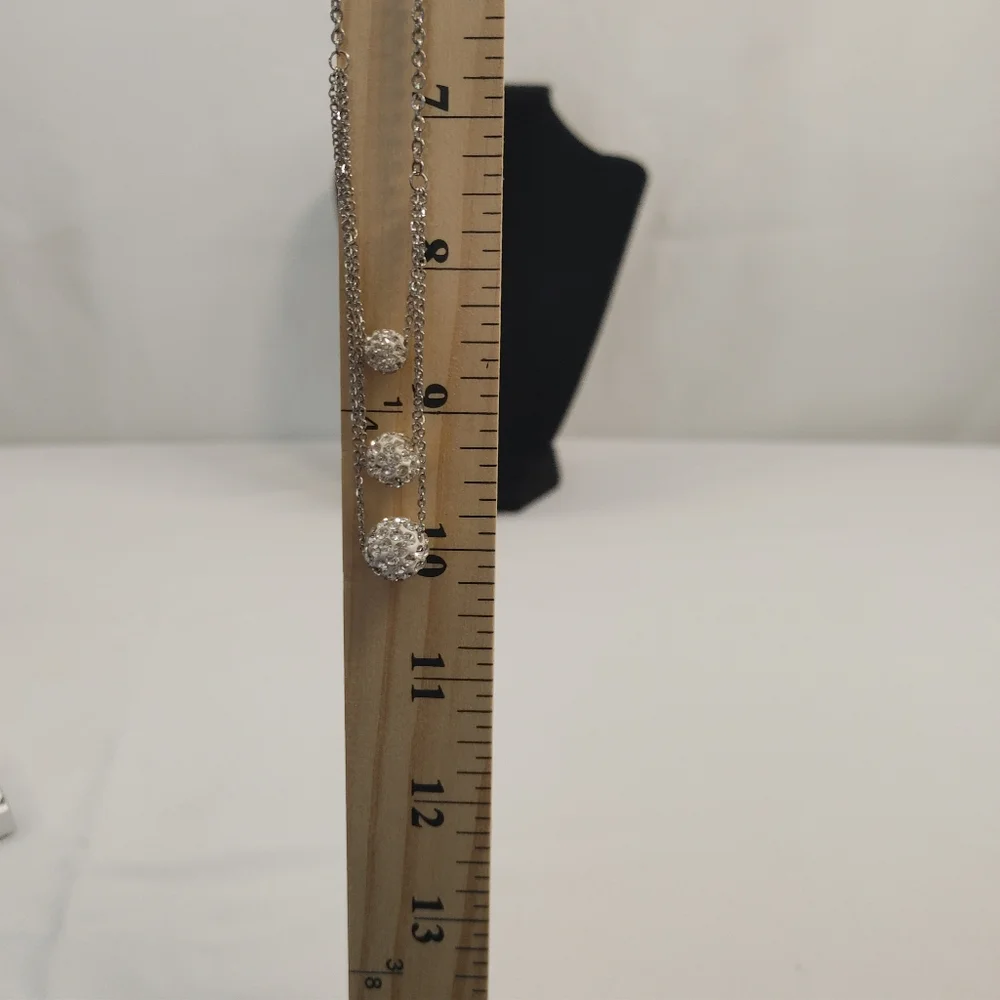 Silver Tone Triple Strand Rhinestone Ball Layered Necklace - Picture 5 of 6
